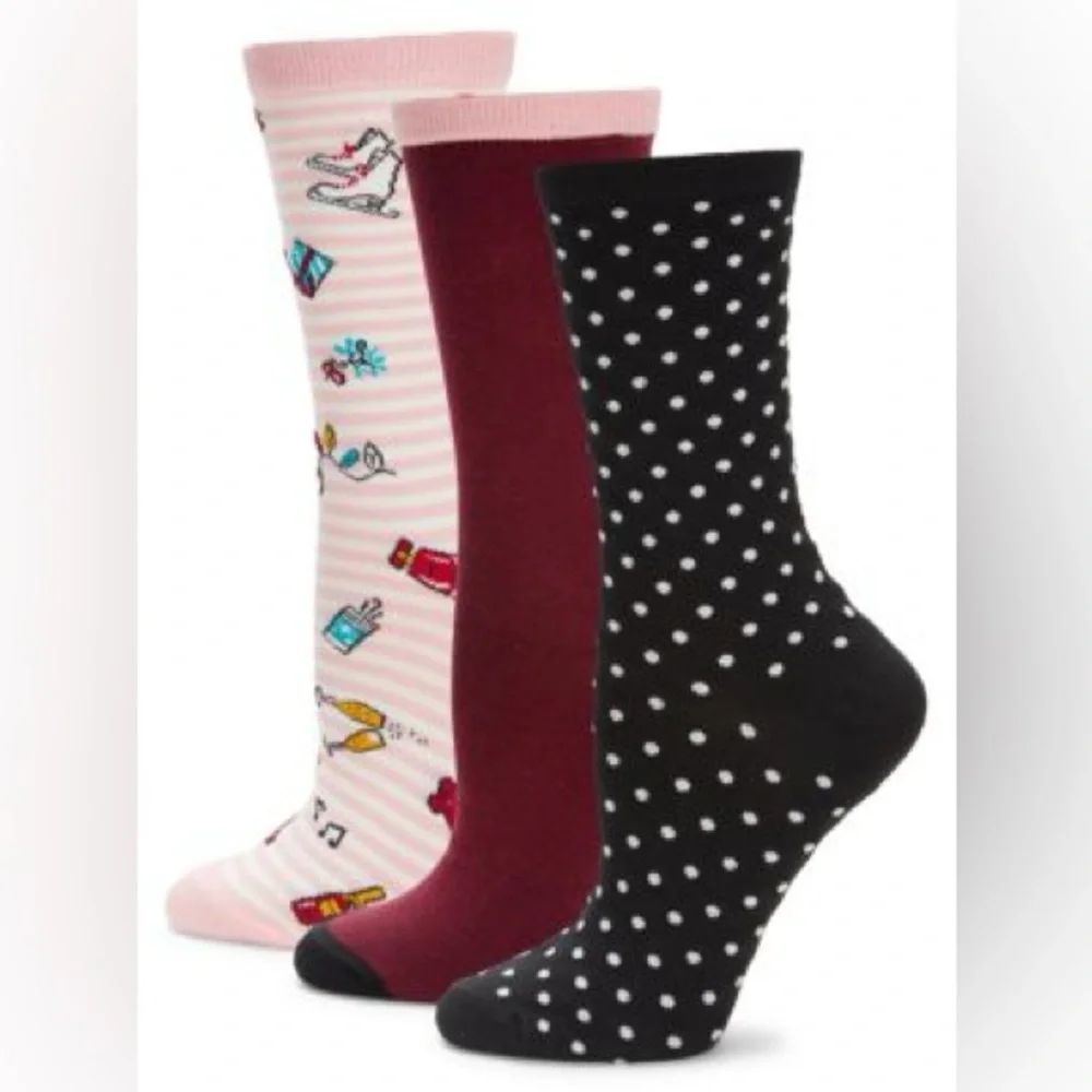 KATE SPADE 3 PAIR PACK COTTON BLEND CREW SOCKS MULTI PATTERN OS NWT